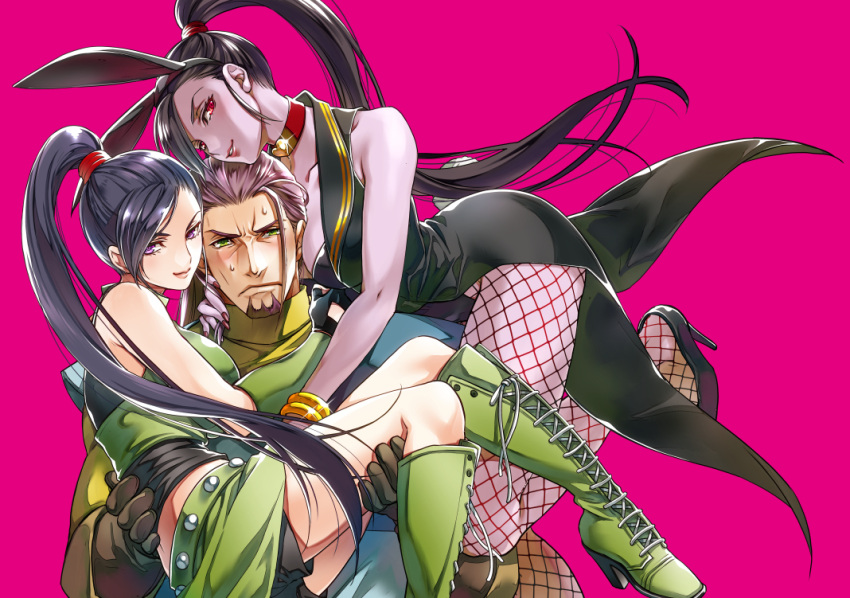 1boy 2girls animal_ears beard black_hair boots breasts bunnysuit carrying choker cleavage dragon_quest dragon_quest_xi dual_persona facial_hair gloves green_eyes greig heart long_hair martina_(dq11) multiple_girls pantyhose ponytail princess_carry purple_hair rabbit_ears red_eyes sweatdrop thigh-highs thigh_boots violet_eyes yoshico_11gure