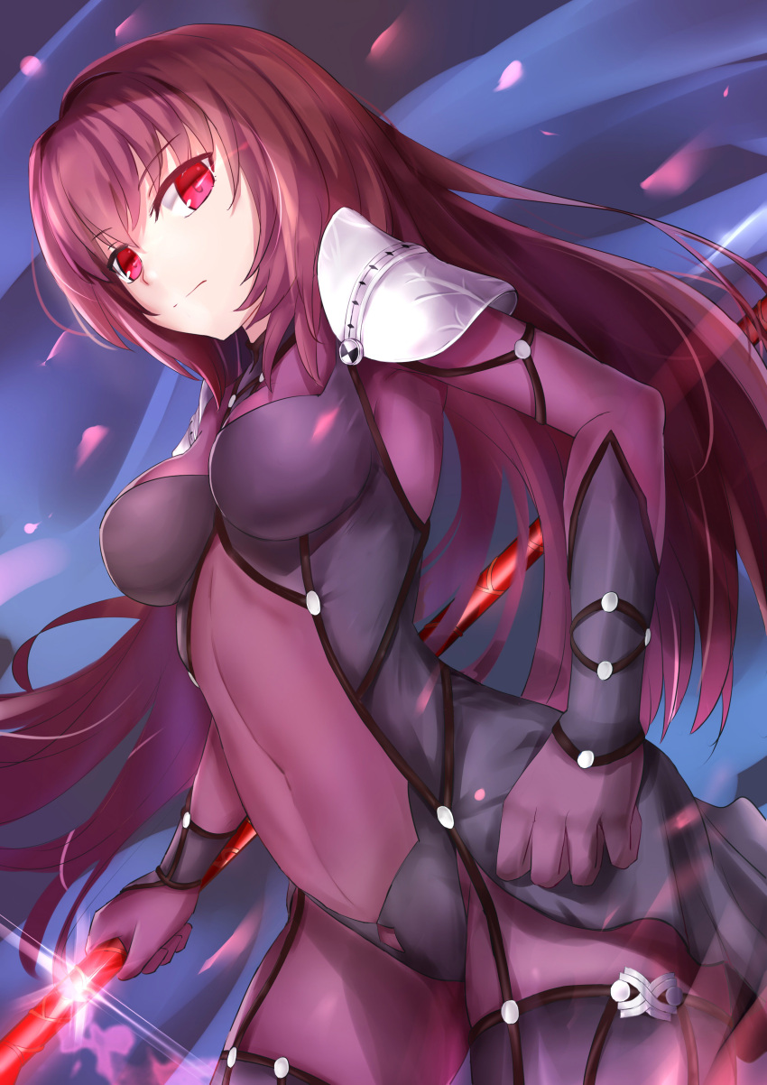1girl absurdres armor bangs bodysuit breasts covered_navel cowboy_shot eyebrows_visible_through_hair fate/grand_order fate_(series) from_side gae_bolg hair_intakes highres holding holding_weapon koi0806 large_breasts long_hair looking_at_viewer pauldrons petals polearm purple_bodysuit purple_hair red_eyes scathach_(fate/grand_order) shoulder_armor spear standing veil weapon