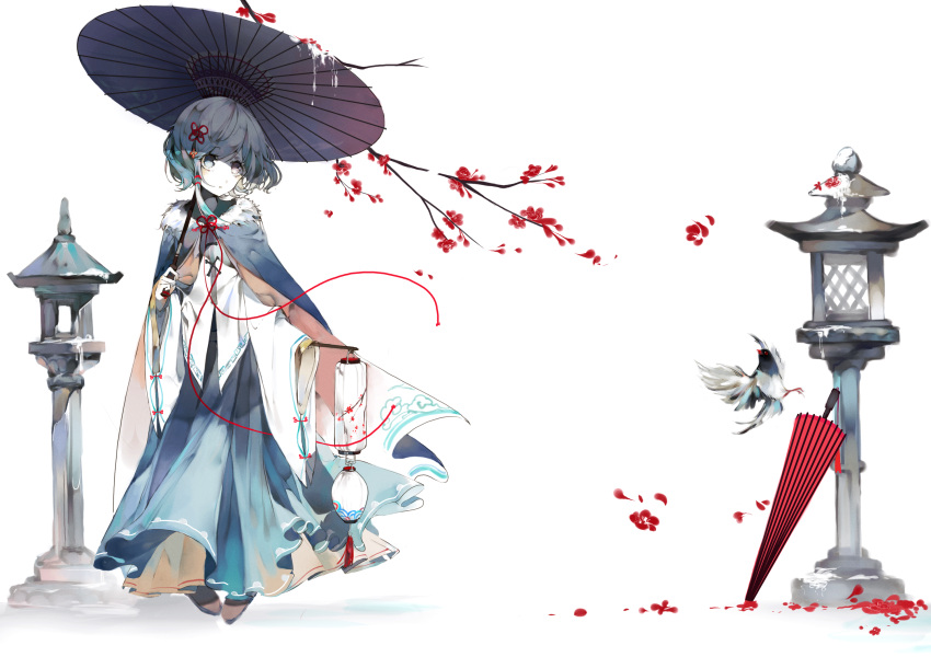 1girl blue_eyes blue_hair blue_skirt cloak heterochromia highres long_skirt long_sleeves purple_umbrella red_eyes red_umbrella shirt short_hair simple_background skirt solo tatara_kogasa touhou umbrella white_shirt wide_sleeves zhixie_jiaobu