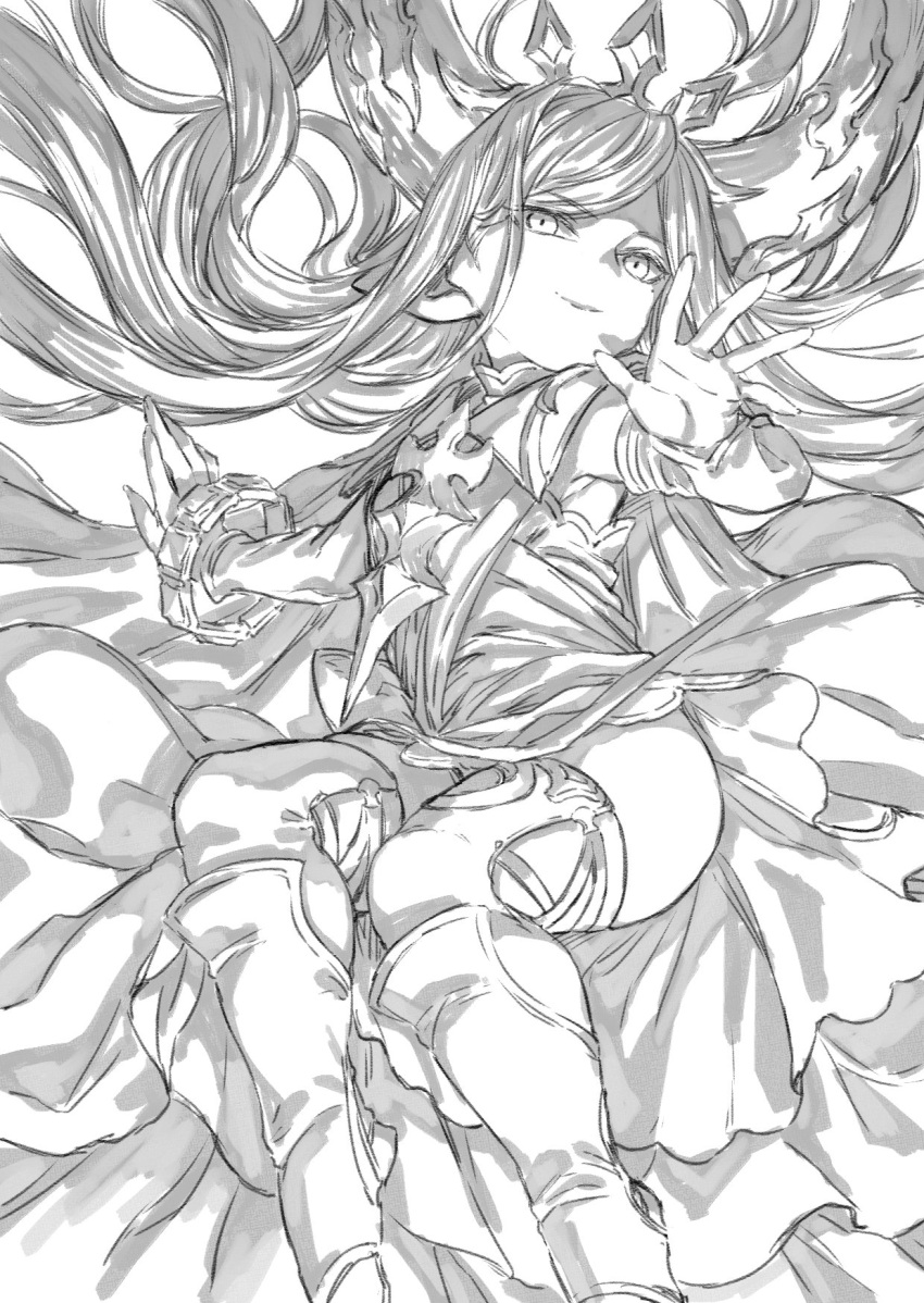 1girl arulumaya boots bracelet crescent crescent_hair_ornament dress granblue_fantasy greyscale hair_ornament harbin highres jewelry long_hair looking_at_viewer monochrome no_nose open_palms pointy_ears solo thigh-highs thigh_boots toriudonda zettai_ryouiki