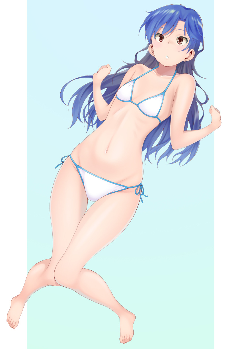 1girl absurdres barefoot bikini blue_hair brown_eyes flat_chest full_body highres idolmaster idolmaster_(classic) idolmaster_2 kisaragi_chihaya long_hair solo swimsuit takano_(sora)