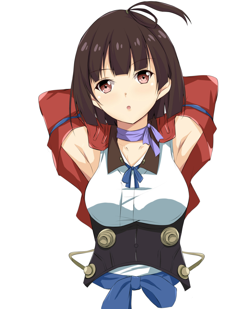 1girl :o absurdres armpit_cutout armpits arms_behind_head arms_up bangs blue_ribbon blunt_bangs breasts brown_hair choker collarbone corset eyebrows_visible_through_hair highres koutetsujou_no_kabaneri medium_breasts mumei_(kabaneri) nemo_1988 open_mouth red_eyes ribbon ribbon_choker short_hair simple_background solo underbust white_background