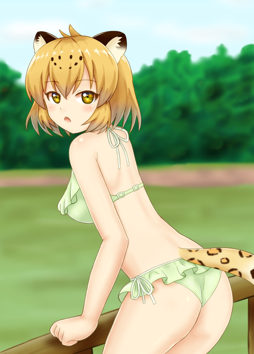 1girl bikini blonde_hair breasts commentary eyebrows_visible_through_hair frilled_bikini frills green_bikini highres jaguar_(kemono_friends) jaguar_ears jaguar_tail kemono_friends looking_at_viewer medium_breasts open_mouth orange_eyes shiraha_maru short_hair side-tie_bikini swimsuit