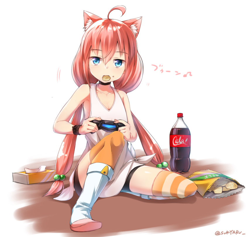 1girl ahoge animal_ears bangs bike_shorts blue_eyes bottle cat_ears chips choker coca-cola collarbone commentary_request food food_in_mouth hair_between_eyes highres long_hair looking_at_viewer low_twintails minowa_sukyaru mismatched_legwear motion_lines mouth_hold nekomiya_hinata pink_hair playstation_controller potato_chips shirt sitting solo striped striped_legwear thigh-highs translation_request twintails twitter_username very_long_hair virtual_youtuber wristband