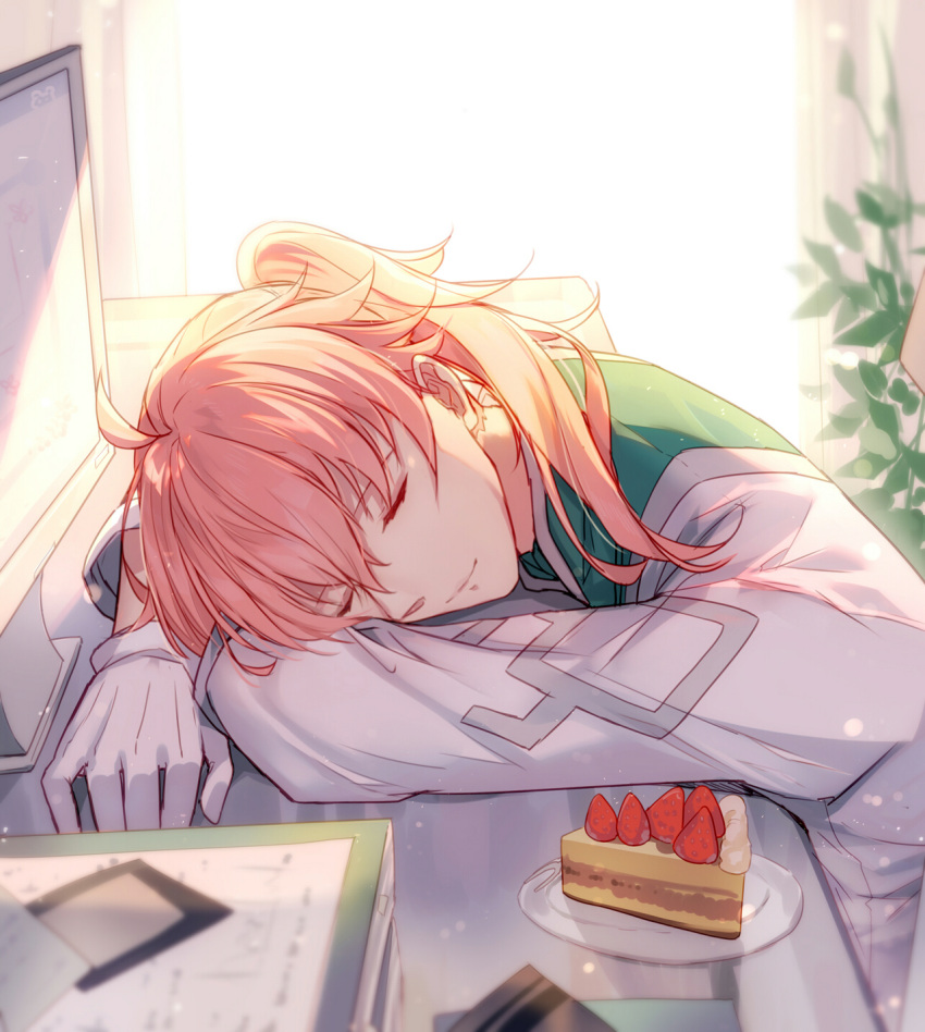 1boy ahoge bangs bison_cangshu blurry cake closed_eyes closed_mouth coat day depth_of_field fate/grand_order fate_(series) food gloves highres indoors long_sleeves male_focus monitor pink_hair plant ponytail potted_plant romani_akiman sleeping smile solo white_gloves window