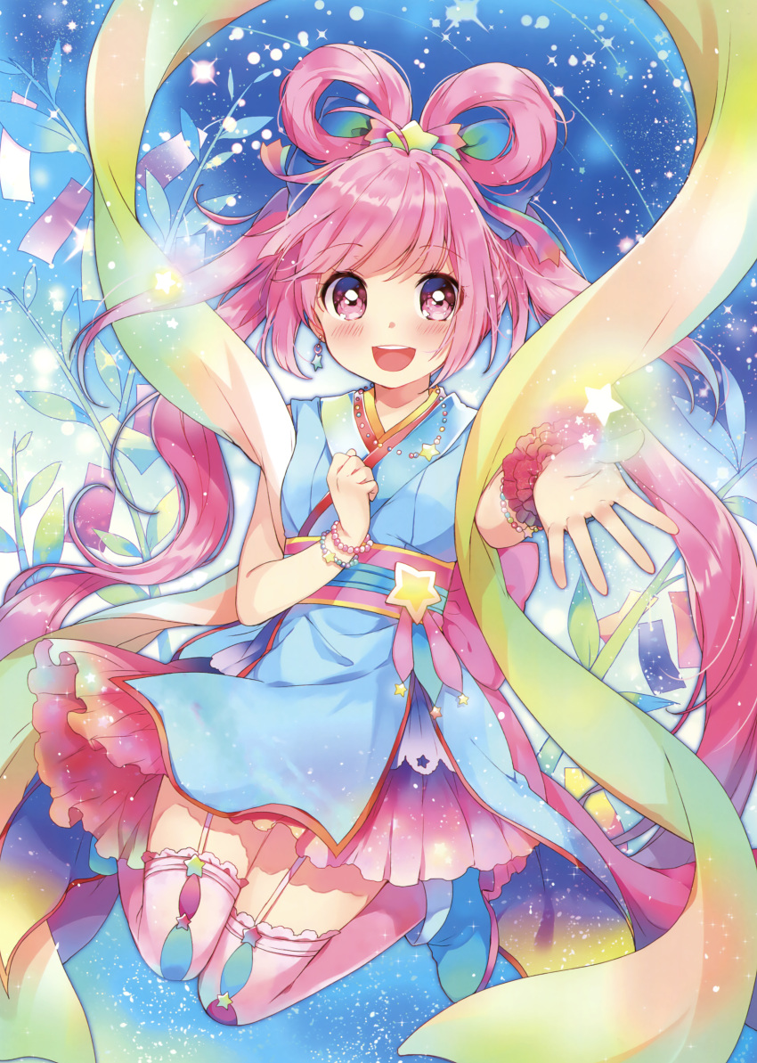 1girl :d absurdres blue_footwear blush bracelet earrings eyebrows_visible_through_hair floating_hair full_body garter_straps hair_ornament highres jewelry koichi layered_skirt long_hair looking_at_viewer obi open_mouth original pink_eyes pink_hair pink_legwear sash sleeveless smile solo star star_earrings star_hair_ornament thigh-highs twintails very_long_hair wrist_cuffs