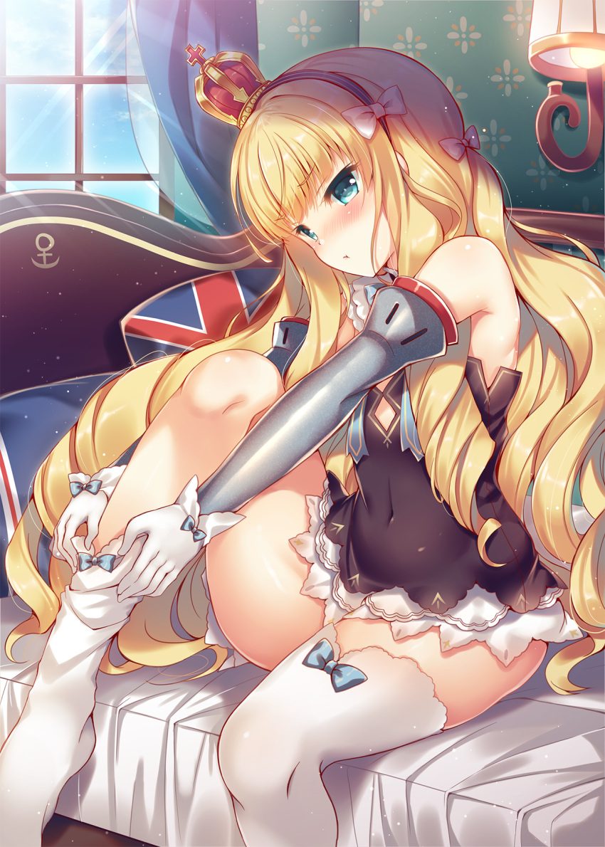 1girl adjusting_clothes adjusting_legwear aqua_eyes azur_lane bed blonde_hair blush bow covered_navel crown drill_hair eyebrows_visible_through_hair gloves hair_bow hairband highres long_hair on_bed pillow pink_bow pout queen_elizabeth_(azur_lane) sitting sitting_on_bed solo suzune_rena thigh-highs union_jack white_gloves white_legwear window