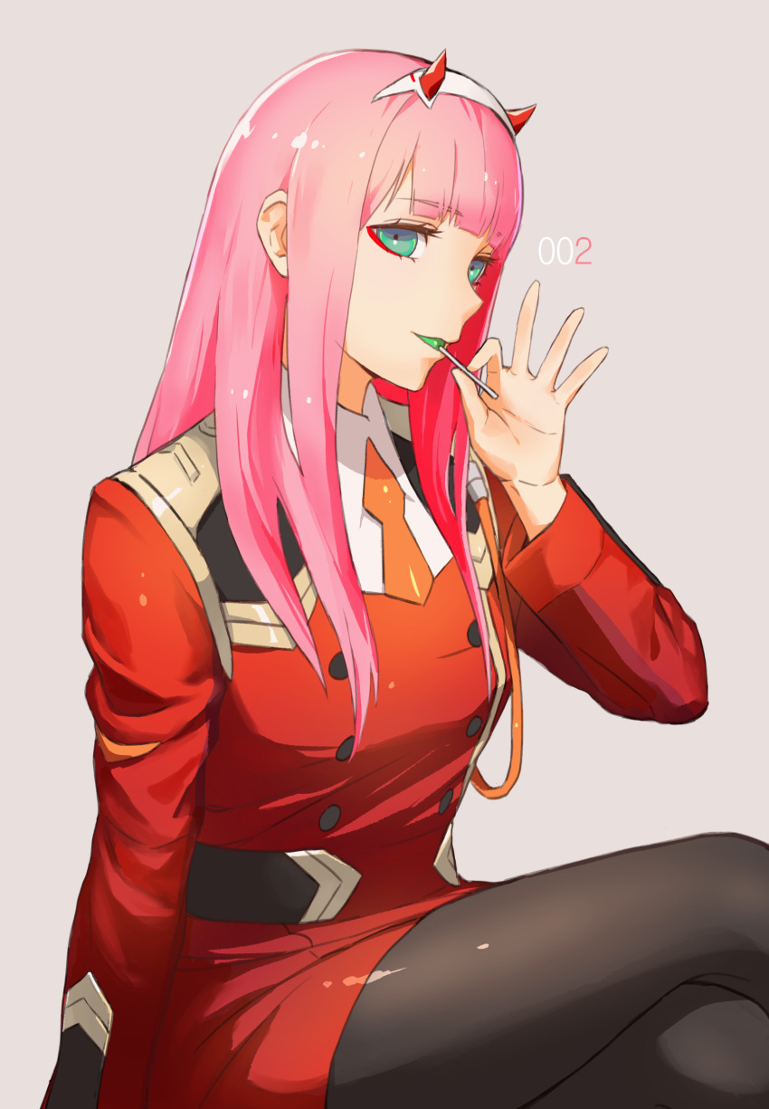absurdres aqua_eyes bangs candy darling_in_the_franxx eyebrows_visible_through_hair food hair_over_breasts hairband highres horns legs_crossed lollipop looking_to_the_side loon_7774 military military_uniform orange_neckwear pantyhose pink_hair shiny shiny_hair straight_hair thighs uniform white_hairband zero_two_(darling_in_the_franxx)