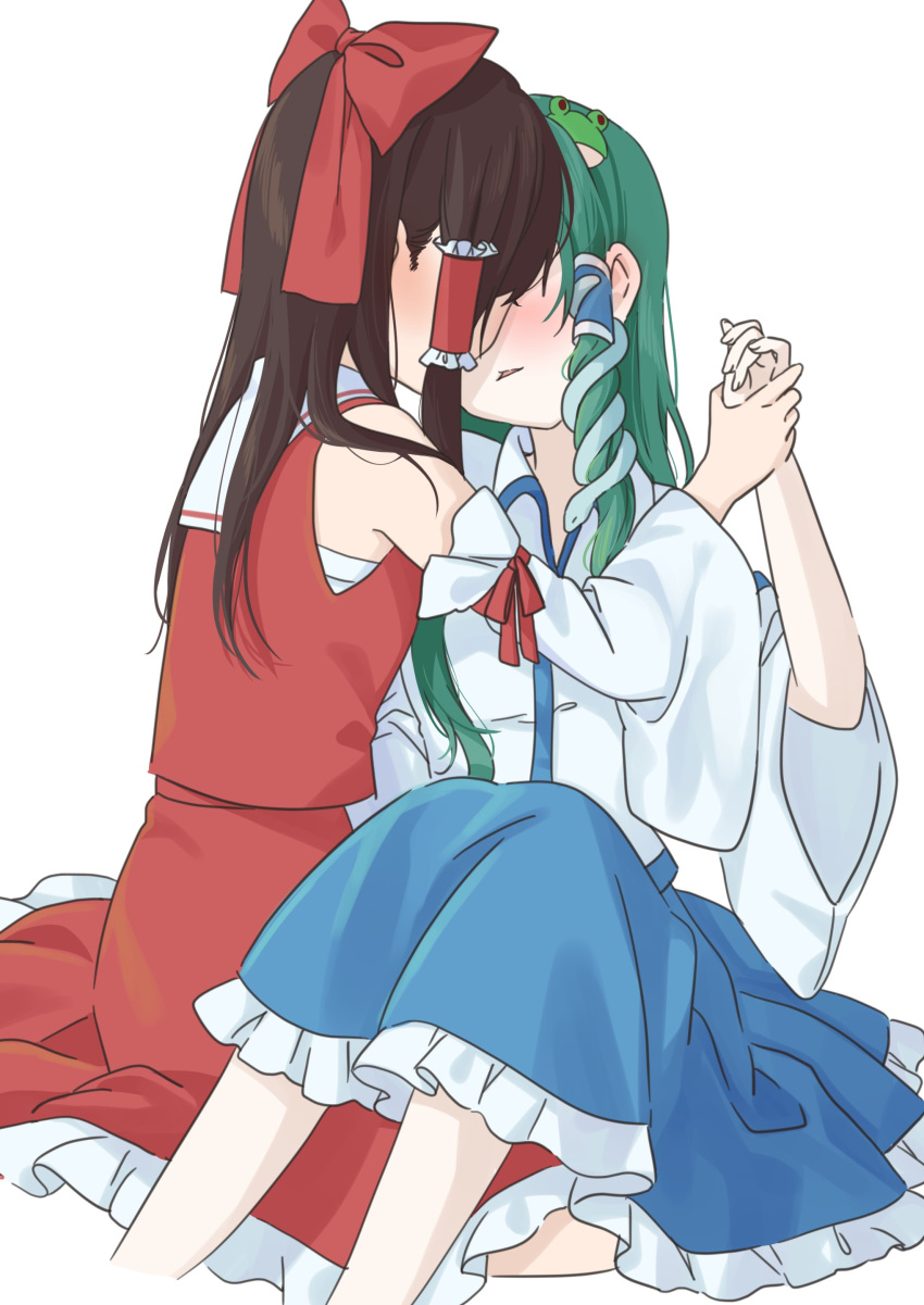 2girls absurdres arms_up back bandages bangs bare_shoulders blue_skirt blush bow breasts brown_hair collar collared_dress collared_shirt detached_sleeves dress frills frog_hair_ornament green_hair hair_ornament hair_tubes hakurei_reimu hand_on_another's_arm hands_up highres kochiya_sanae long_hair long_sleeves looking_at_another medium_breasts medium_hair multiple_girls open_mouth red_bow red_dress seiza shirt simple_background sitting skirt smile snake_hair_ornament touhou tunokiti white_background white_shirt wide_sleeves yuri