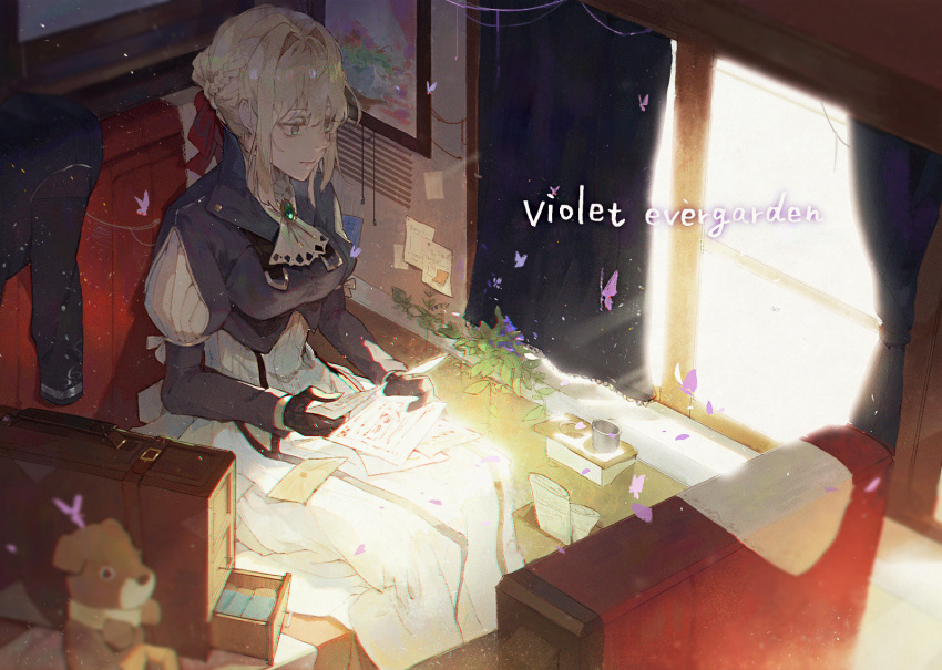 1girl ascot bangs blonde_hair blurry blurry_foreground braid breasts character_name commentary_request copyright_name curtains depth_of_field green_eyes hair_bun hair_ribbon holding kuroduki_(pieat) large_breasts letter plant potted_plant reading red_ribbon ribbon sitting skirt solo violet_evergarden violet_evergarden_(character) white_legwear white_skirt window