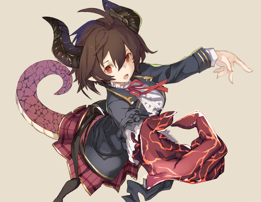 1girl bangs black_blazer blazer breasts brown_background brown_hair center_frills commentary_request dragon_girl dragon_horns dragon_tail dragon_wings frills granblue_fantasy grea_(shingeki_no_bahamut) hair_between_eyes horns jacket long_sleeves looking_at_viewer medium_breasts open_blazer open_clothes open_jacket open_mouth plaid plaid_skirt pleated_skirt pointy_ears red_eyes red_skirt scales school_uniform shingeki_no_bahamut shiromiso shirt short_hair simple_background skirt solo tail torn_clothes torn_jacket torn_shirt white_shirt wings