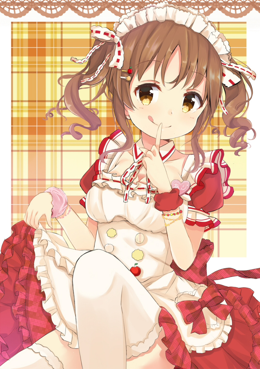 1girl :q amidada apple apron bangs blush border bow bracelet breasts buttons cleavage closed_mouth convenient_leg detached_collar detached_sleeves dress finger_to_mouth food frilled_apron frilled_dress frills fruit hair_ornament hair_ribbon hairclip highres idolmaster idolmaster_cinderella_girls idolmaster_cinderella_girls_starlight_stage jewelry large_breasts leg_lift light_brown_hair looking_at_viewer maid maid_headdress medium_hair name_tag neck_ribbon plaid plaid_background plaid_dress puffy_short_sleeves puffy_sleeves red_bow red_dress ribbon short_sleeves sidelocks sitting skirt skirt_lift smile solo thigh-highs tongue tongue_out totoki_airi twintails unmoving_pattern wavy_hair white_apron white_background white_legwear white_ribbon wristband yellow_eyes
