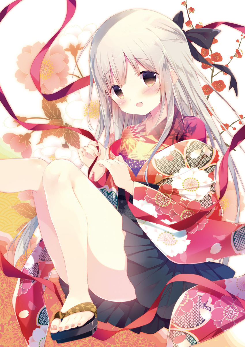 1girl :d black_ribbon black_skirt blush brown_eyes floral_print hair_ribbon highres japanese_clothes kimono long_hair looking_at_viewer miniskirt nail_polish open_mouth original pleated_skirt red_kimono red_ribbon ribbon shiratama_(shiratamaco) silver_hair sitting skirt smile solo toenail_polish very_long_hair