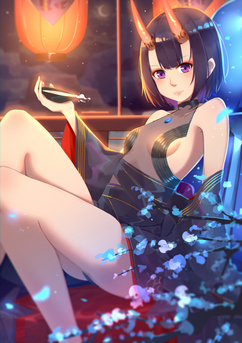 1girl absurdres bangs bare_shoulders black_kimono blue_flower blurry blurry_foreground breasts closed_mouth commentary_request cup depth_of_field eyebrows_visible_through_hair fate/grand_order fate_(series) flower highres holding horns japanese_clothes kimono lantern long_sleeves looking_at_viewer menghuan_tian oni oni_horns paper_lantern purple_hair reclining revealing_clothes sakazuki shuten_douji_(fate/grand_order) sitting small_breasts smile solo violet_eyes wide_sleeves