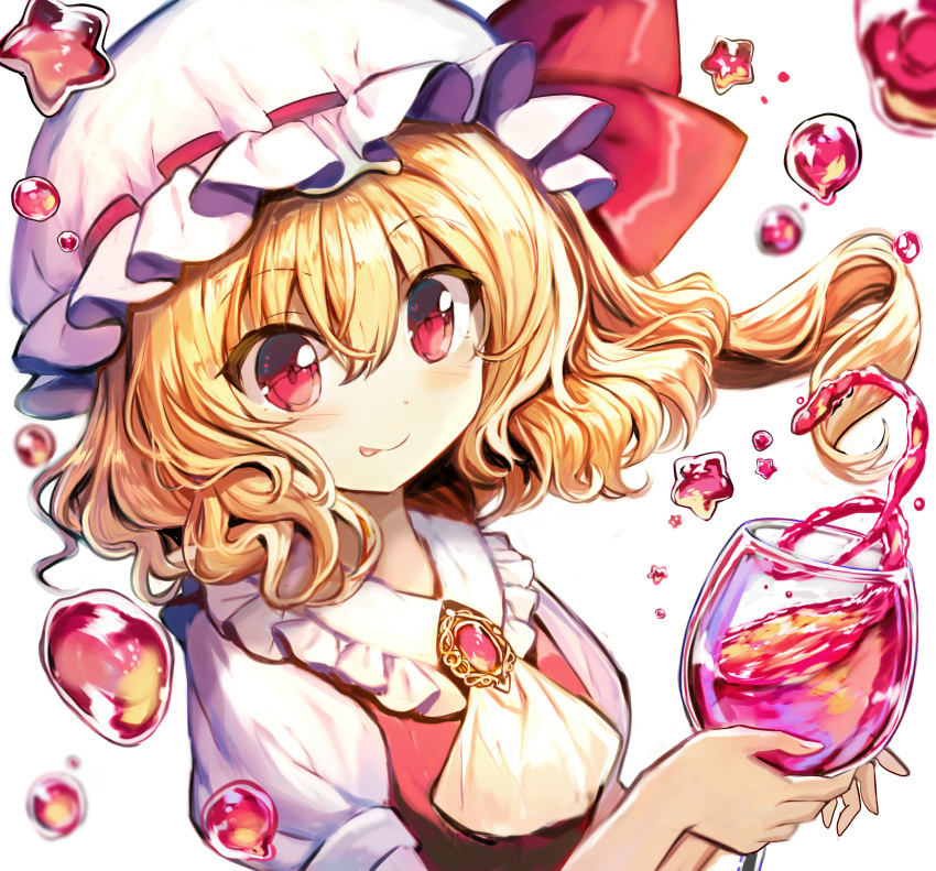 1girl absurdres blonde_hair brooch closed_mouth collar commentary_request cup drinking_glass flandre_scarlet frilled_shirt_collar frills fuupu hair_ribbon hat highres holding holding_drinking_glass jewelry mob_cap no_wings red_eyes red_vest ribbon shirt short_sleeves side_ponytail solo star tongue tongue_out touhou upper_body vest water_drop white_background white_shirt