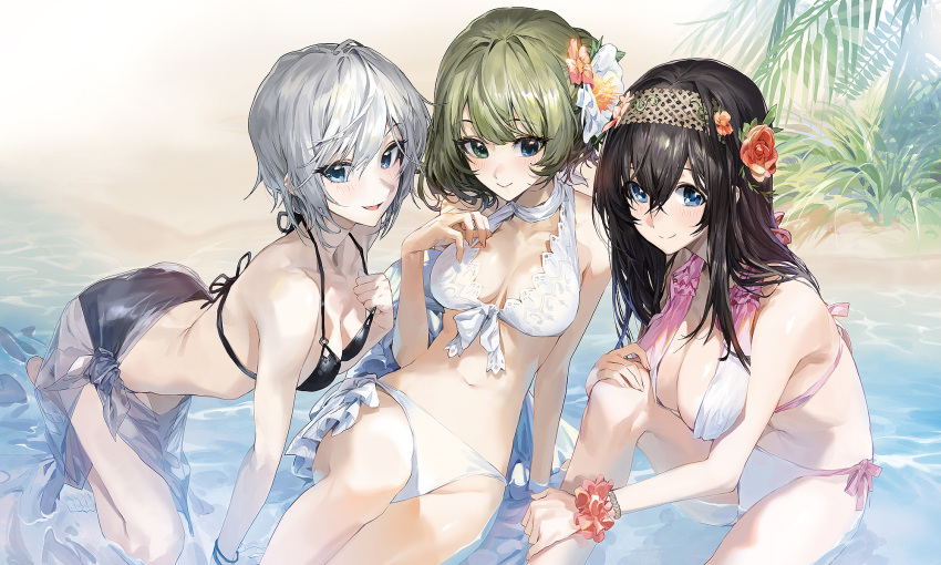 3girls anastasia_(idolmaster) bare_shoulders beach bikini black_hair blue_eyes breasts brown_hair closed_eyes flower green_eyes hair_flower hair_ornament hairband heterochromia highres idolmaster idolmaster_cinderella_girls long_hair looking_at_viewer medium_breasts mole mole_under_eye mossi multiple_girls navel ocean open_mouth sagisawa_fumika shore short_hair silver_hair smile swimsuit takagaki_kaede