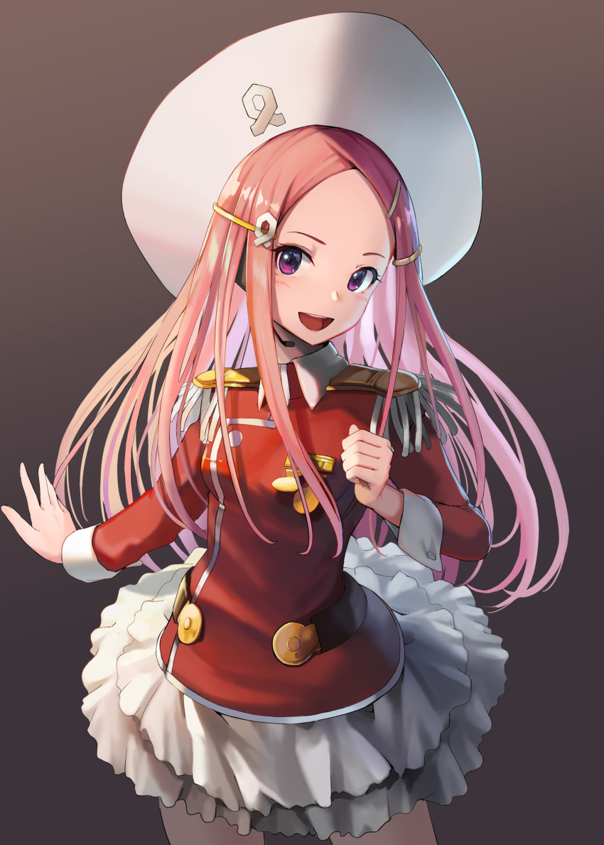 1girl :d absurdres anemone_(eureka_seven) bangs blush clenched_hand cowboy_shot epaulettes eureka_seven eureka_seven_(series) forehead frilled_skirt frills gradient gradient_background hair_ornament hairclip hat headset highres jacket long_hair long_sleeves looking_at_viewer medal open_mouth outstretched_arm parted_bangs pink_hair red_jacket round_teeth skirt smile solo standing sunga2usagi teeth violet_eyes white_hat wrist_cuffs