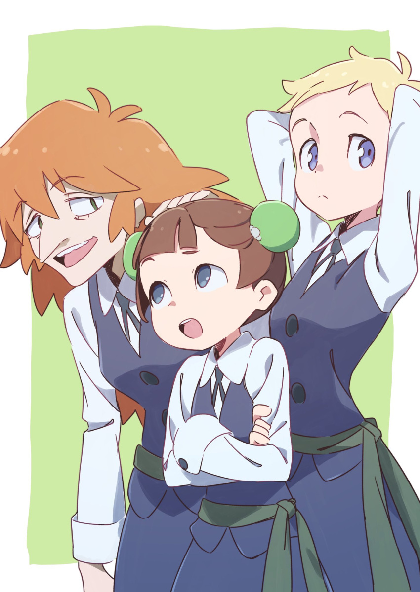 3girls :d arms_behind_back arms_up blonde_hair blue_eyes character_request closed_mouth collared_shirt commentary_request crossed_arms eyebrows_visible_through_hair green_background hair_ornament hand_on_another's_head highres little_witch_academia long_nose long_sleeves multiple_girls open_mouth orange_hair purple_skirt purple_vest sanpaku sash shirt short_hair simple_background skirt smile standing tama vest white_shirt wing_collar