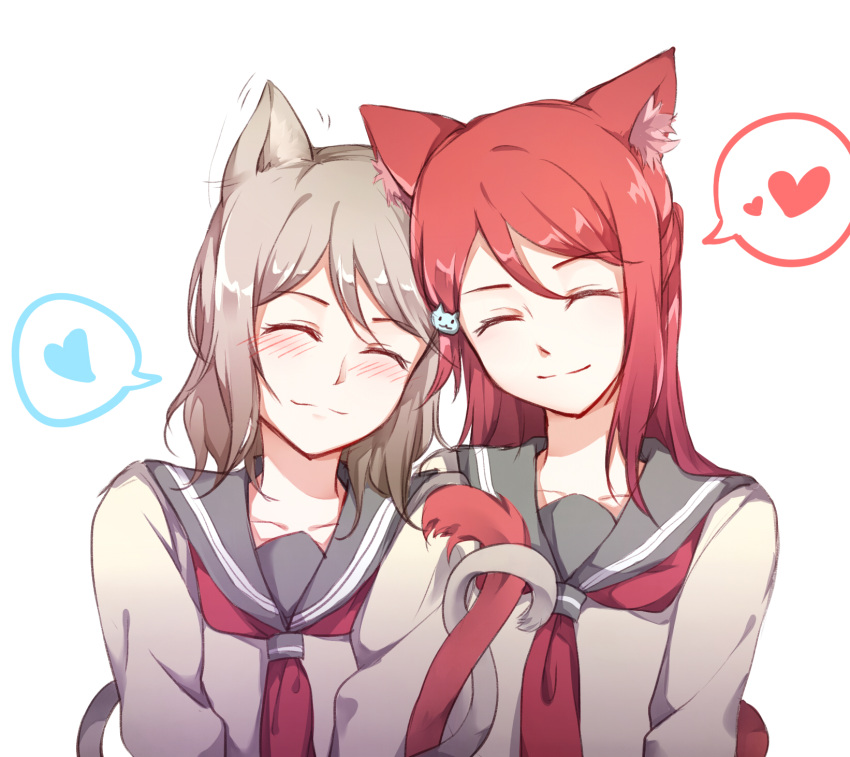 2girls ^_^ animal_ears bangs blush brown_hair cat_ears cat_hair_ornament cat_tail closed_eyes closed_mouth collarbone ear_wiggle eyebrows_visible_through_hair gemi_25 grey_sailor_collar grey_shirt hair_ornament hairclip head_on_head heart highres intertwined_tails kemonomimi_mode long_hair long_sleeves love_live! love_live!_sunshine!! medium_hair motion_lines multiple_girls sailor_collar sakurauchi_riko school_uniform serafuku shirt simple_background smile speech_bubble spoken_heart swept_bangs tail upper_body uranohoshi_school_uniform watanabe_you white_background yuri