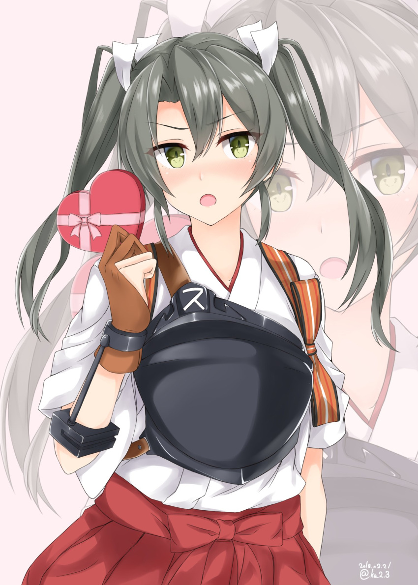1girl :o arm_at_side bangs blush bow brown_gloves dated eyebrows_visible_through_hair gift gloves green_eyes green_hair hair_ribbon heart-shaped_box highres holding holding_gift japanese_clothes ka_tsumi kantai_collection kimono looking_at_viewer muneate nose_blush open_mouth partly_fingerless_gloves pink_background pink_bow red_skirt ribbon sidelocks simple_background skirt solo tasuki twitter_username upper_body v-shaped_eyebrows valentine white_kimono white_ribbon yugake zoom_layer zuikaku_(kantai_collection)