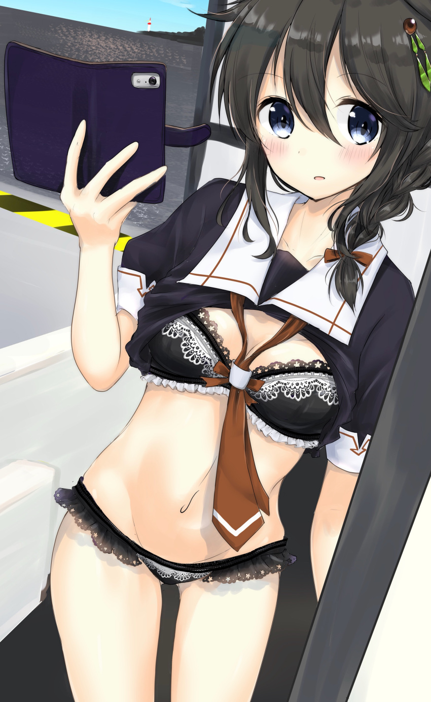 1girl absurdres bangs black_bra black_hair black_panties black_shirt blue_eyes blush bra braid breasts cellphone cellphone_camera cleavage day eyebrows_visible_through_hair frilled_bra frills gluteal_fold groin hair_flaps hair_ornament hairpin highres holding holding_phone horizon kantai_collection lighthouse lingerie long_hair looking_at_viewer mirror navel neckerchief ocean panties parted_lips phone red_neckwear reflection remodel_(kantai_collection) sailor_collar shigure_(kantai_collection) shirt shirt_lift short_sleeves sidelocks single_braid small_breasts smartphone smartphone_case smile solo stomach tareme thighs underwear uzuki_tsukuyo white_sailor_collar window