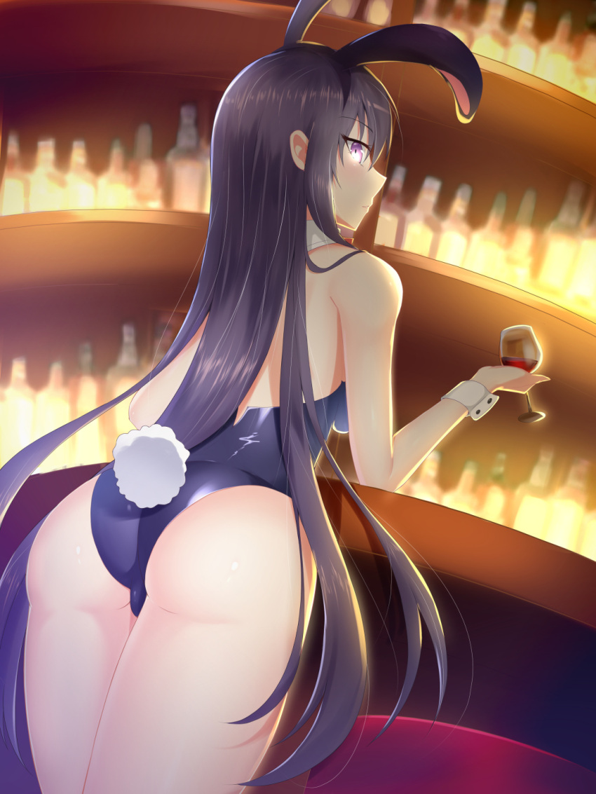 1girl animal_ears ass bar bare_shoulders bottle bunny_tail bunnysuit cowboy_shot cup date_a_live detached_collar drinking_glass feng_mouren from_behind highres holding holding_drinking_glass indoors leaning_forward long_hair looking_at_viewer looking_back purple_hair rabbit_ears solo tail thighs very_long_hair violet_eyes wine_bottle wine_glass wrist_cuffs yatogami_tooka