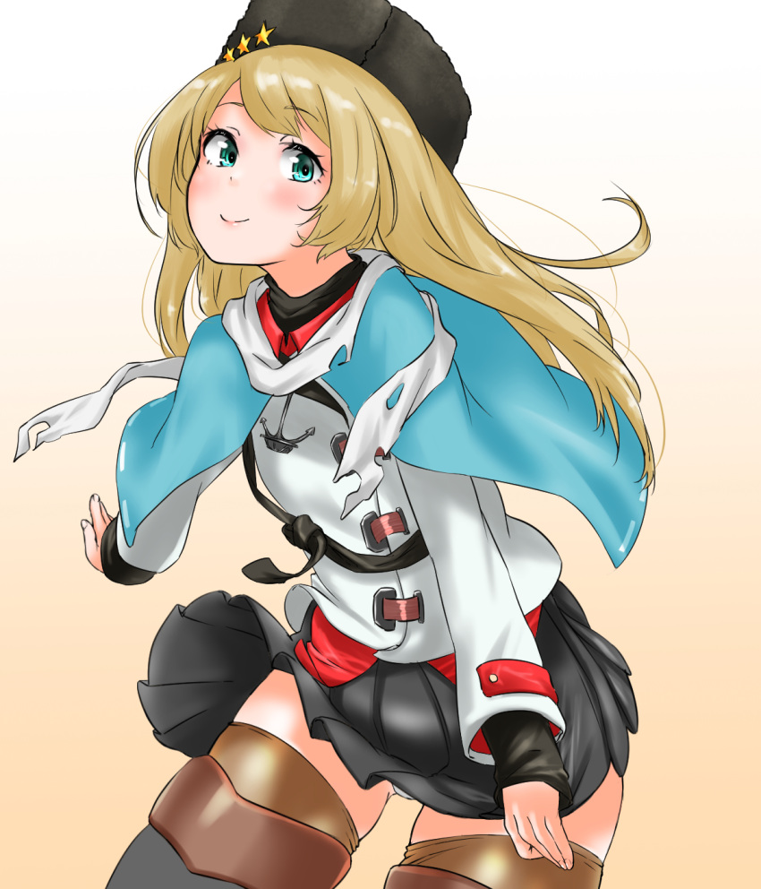 alternate_costume belt black_skirt blonde_hair blue_eyes closed_mouth cosplay gradient gradient_background highres jacket jervis_(kantai_collection) kantai_collection long_hair long_sleeves looking_at_viewer miniskirt panties papakha red_shirt scarf shirt simple_background skirt tama_(seiga46239239) tashkent_(kantai_collection) tashkent_(kantai_collection)_(cosplay) torn_scarf underwear white_panties white_scarf wind wind_lift