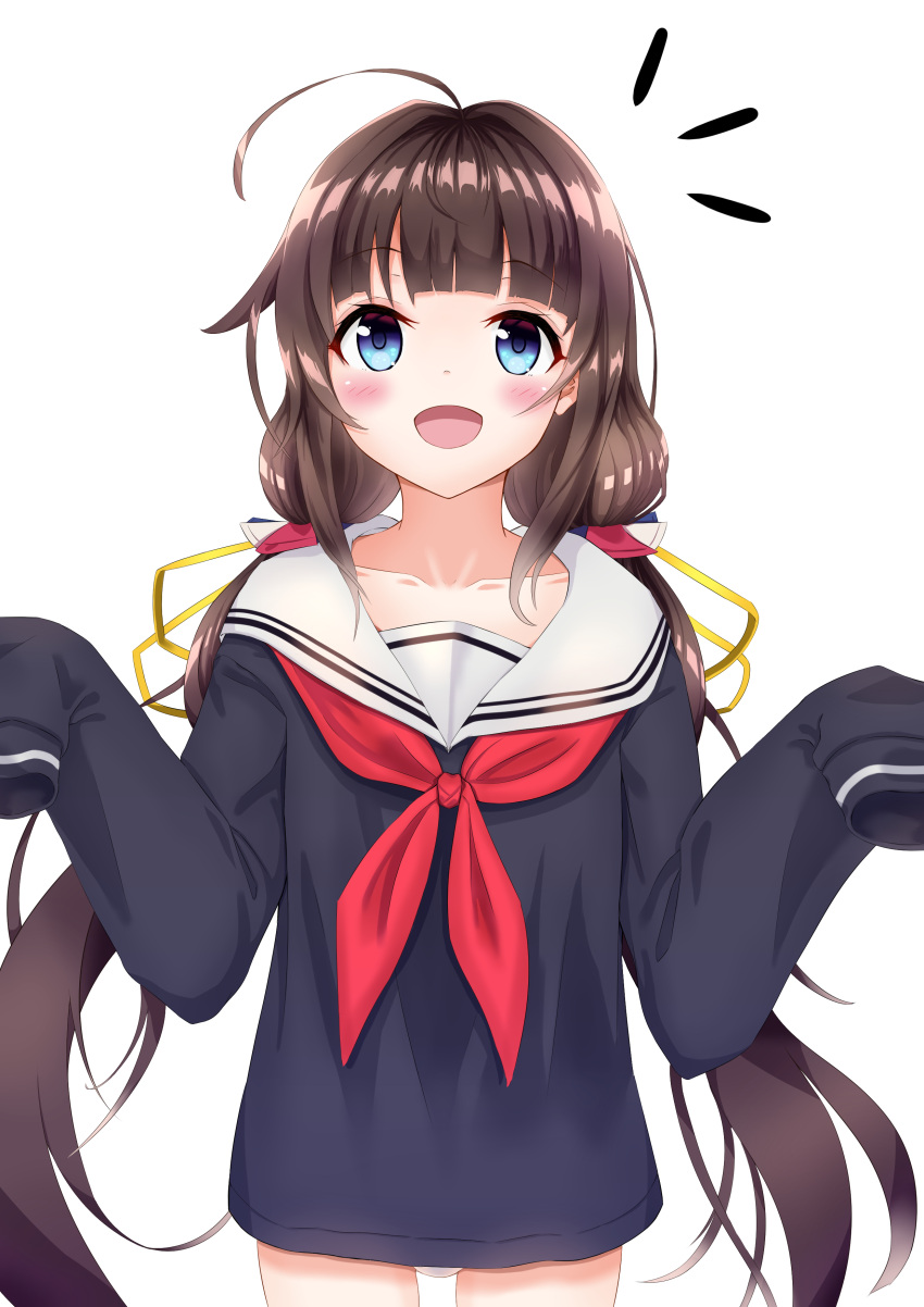 1girl :d absurdres ahoge blue_eyes blush brown_hair highres hinatsuru_ai long_hair looking_up low_twintails open_mouth ryuuou_no_oshigoto! school_uniform serafuku simple_background sleeves_past_wrists smile standing twintails very_long_hair white_background yanagi_(willow_leafy)