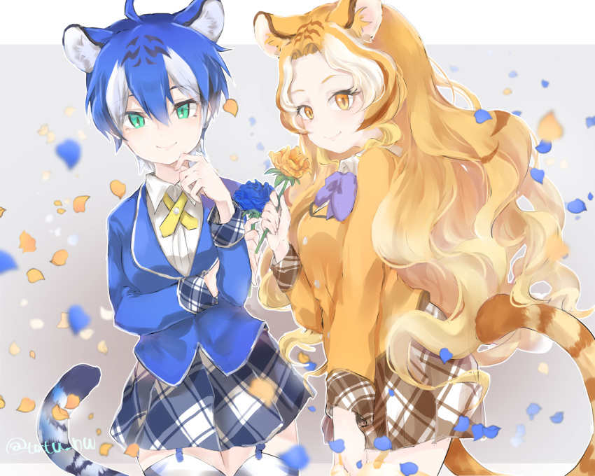 2girls ahoge animal_ears bangs blonde_hair blue_flower blue_hair blue_rose bow bowtie closed_mouth extra_ears flower garter_straps golden_tabby_tiger_(kemono_friends) green_eyes hair_between_eyes hand_on_own_arm hand_on_own_chin hand_up highres holding holding_flower jacket kemono_friends long_hair long_sleeves looking_at_viewer maltese_tiger_(kemono_friends) multicolored_hair multiple_girls orange_eyes parted_bangs petals plaid plaid_skirt rose shirt short_hair skirt smile standing tail tatsuno_newo thigh-highs tiger_ears tiger_tail twitter_username two-tone_hair very_long_hair white_hair white_shirt yellow_flower yellow_rose zettai_ryouiki