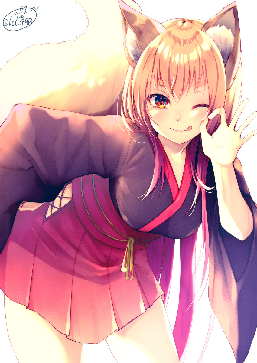 1girl ;q animal_ears bangs black_kimono blush breasts chita_(ketchup) closed_mouth commentary_request eyebrows_visible_through_hair fox_ears fox_girl fox_tail hair_between_eyes highres japanese_clothes kimono leaning_to_the_side light_brown_hair long_sleeves medium_breasts ok_sign one_eye_closed original pleated_skirt red_skirt short_kimono signature simple_background skirt smile solo tail thick_eyebrows tongue tongue_out white_background wide_sleeves