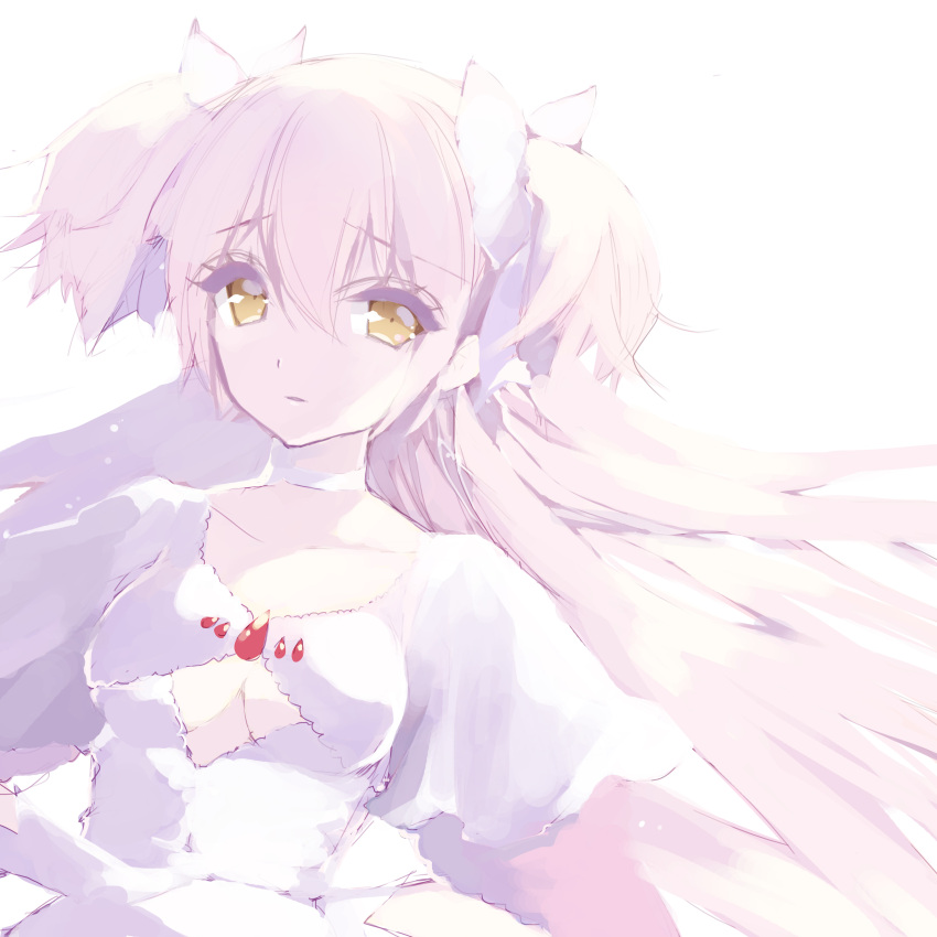 absurdres bangs bow breasts cleavage closed_mouth collarbone commentary_request dress ears_visible_through_hair eyebrows_visible_through_hair goddess_madoka hair_between_eyes hair_bow highres jewelry kaname_madoka mahou_shoujo_madoka_magica misteor pink_hair purple_dress short_hair sketch white_background white_bow yellow_eyes