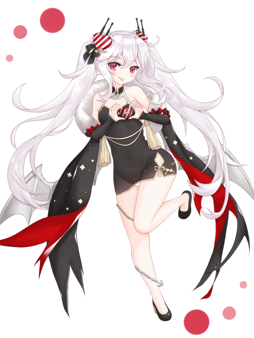 1girl :p anchor azur_lane bangs bare_shoulders black_bow black_dress black_footwear blush bow chains china_dress chinese_clothes closed_mouth commentary_request detached_sleeves dress eyebrows_visible_through_hair full_body fur_collar hair_between_eyes hair_bow hair_ornament heart heart_hair_ornament highres long_hair long_sleeves looking_at_viewer mentai_mayo panties shoes short_dress side_ponytail silver_hair sleeveless sleeveless_dress sleeves_past_wrists smile solo standing standing_on_one_leg tongue tongue_out twintails underwear valentine vampire_(azur_lane) very_long_hair violet_eyes white_background white_panties