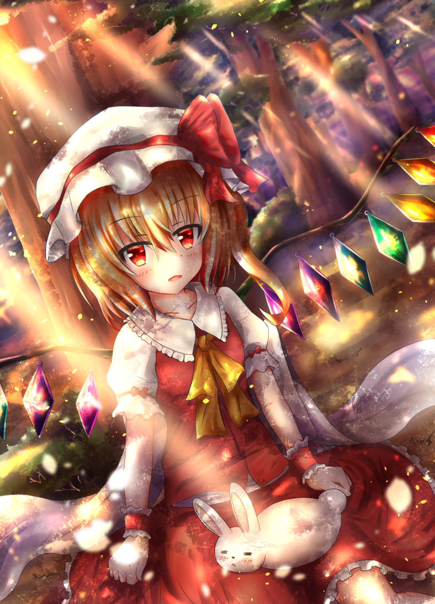 1girl absurdres animal animal_on_lap arms_at_sides blonde_hair blush collarbone cravat dappled_sunlight dutch_angle fang flandre_scarlet forest hair_between_eyes hat highres kpan_(kpan123456) light_particles light_rays looking_at_viewer mob_cap nature open_mouth petals puffy_short_sleeves puffy_sleeves rabbit red_eyes red_skirt red_vest short_hair short_sleeves side_ponytail sitting skirt solo sunbeam sunlight touhou tree under_tree vest wings wrist_cuffs yellow_neckwear
