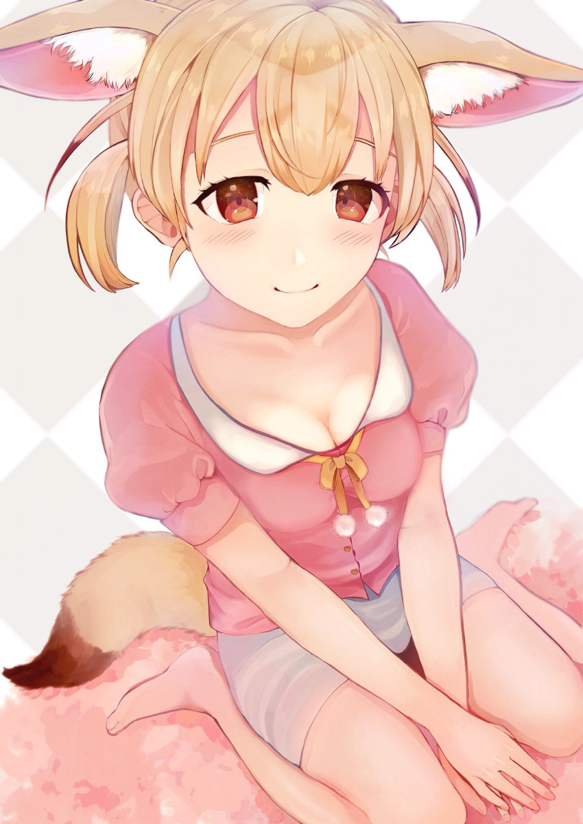 1girl alternate_hairstyle ancolatte_(onikuanco) animal_ears blonde_hair breasts brown_eyes cleavage collarbone commentary_request extra_ears fennec_(kemono_friends) fox_ears highres kemono_friends looking_at_viewer medium_breasts puffy_short_sleeves puffy_sleeves short_hair short_sleeves sitting smile solo two_side_up v_arms