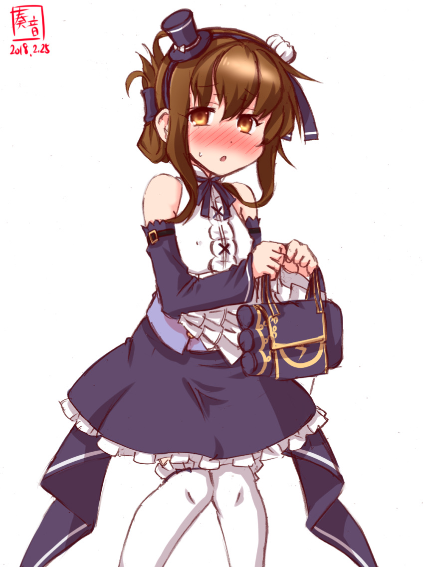 1girl azur_lane bag black_skirt blush brown_eyes brown_hair commentary_request cosplay cowboy_shot dated detached_sleeves folded_ponytail frilled_shirt frilled_skirt frills full-face_blush hat highres inazuma_(azur_lane) inazuma_(azur_lane)_(cosplay) inazuma_(kantai_collection) kanon_(kurogane_knights) kantai_collection knees_together logo long_hair mini_hat mini_top_hat namesake shirt simple_background skirt sleeveless sleeveless_shirt solo thigh-highs top_hat white_background white_legwear