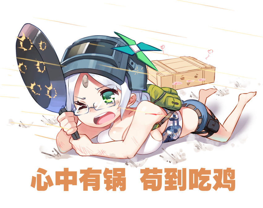 1girl all_fours bandage breasts bullet chibi cleavage frying_pan glasses green_eyes helmet highres large_breasts one_eye_closed original playerunknown's_battlegrounds short_hair solo translation_request white_hair x-boy