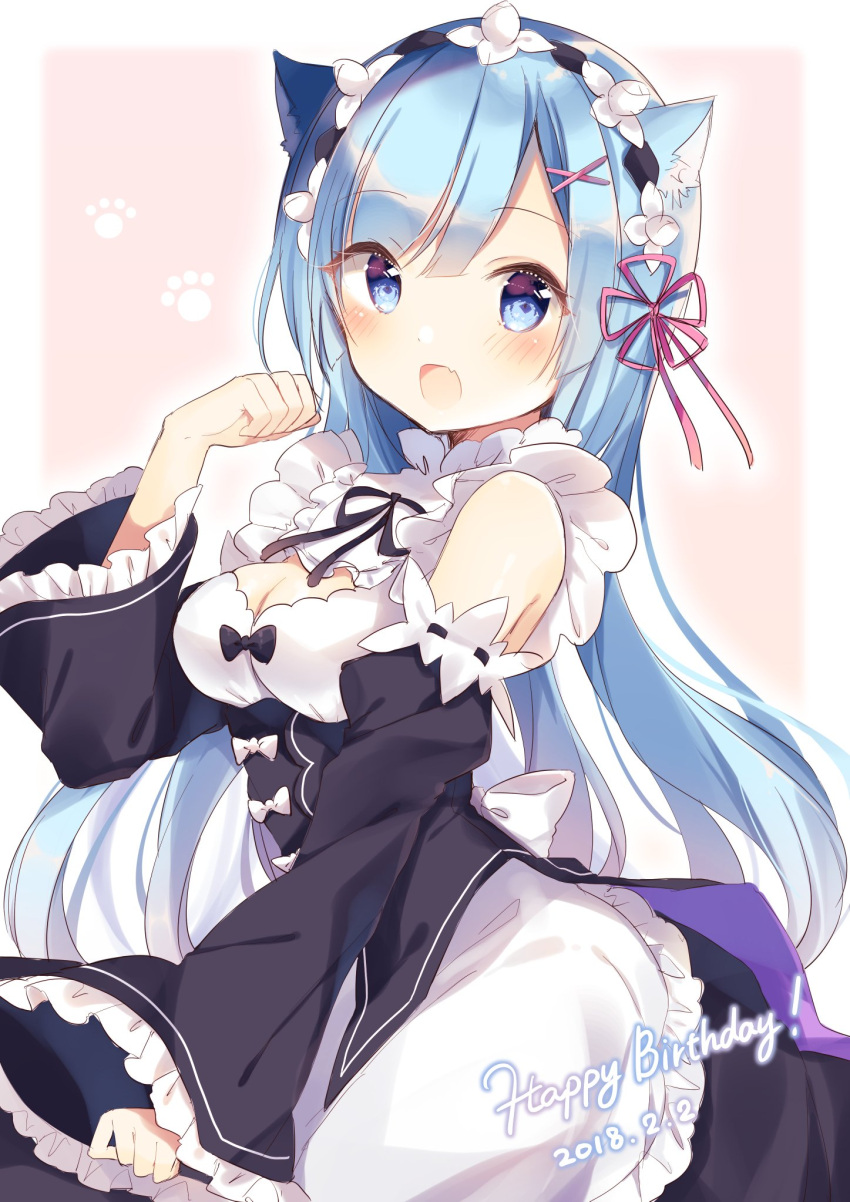 1girl 2018 animal_ears apron black_ribbon blue_eyes blue_hair blush breasts cat_ears choker cleavage dated detached_sleeves eyebrows_visible_through_hair fang floating_hair frilled_apron frills hair_between_eyes hair_ribbon happy_birthday head_wreath highres long_hair maid medium_breasts neck_ribbon open_mouth pink_ribbon re:zero_kara_hajimeru_isekai_seikatsu rem_(re:zero) ribbon ribbon-trimmed_sleeves ribbon_trim shiino_sera solo standing very_long_hair white_apron