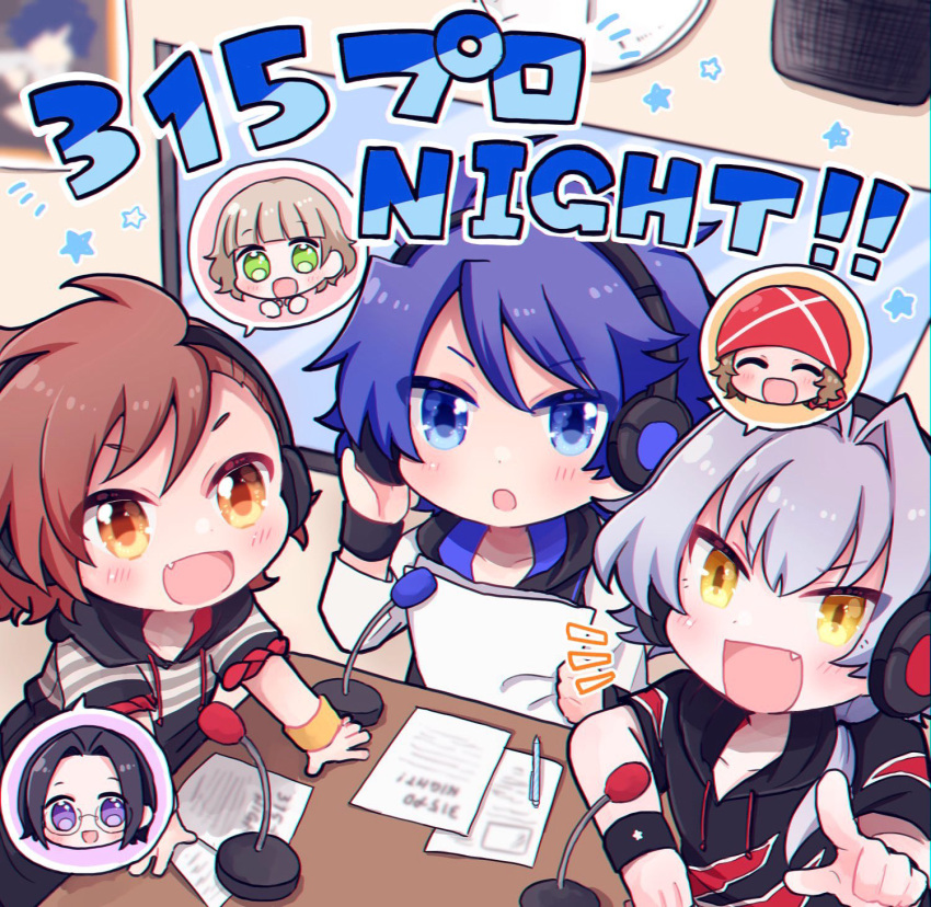 6+boys asjg black_wristband blue_eyes blue_hair brown_hair chibi enjoji_michiru grey_hair hair_between_eyes headphones highres himeno_kanon idolmaster idolmaster_side-m kizaki_ren light_blush male_child male_focus multiple_boys okamura_nao open_mouth short_sleeves tachibana_shiro_(idolmaster) taiga_takeru the_kogado_(idolmaster) wristband yellow_wristband