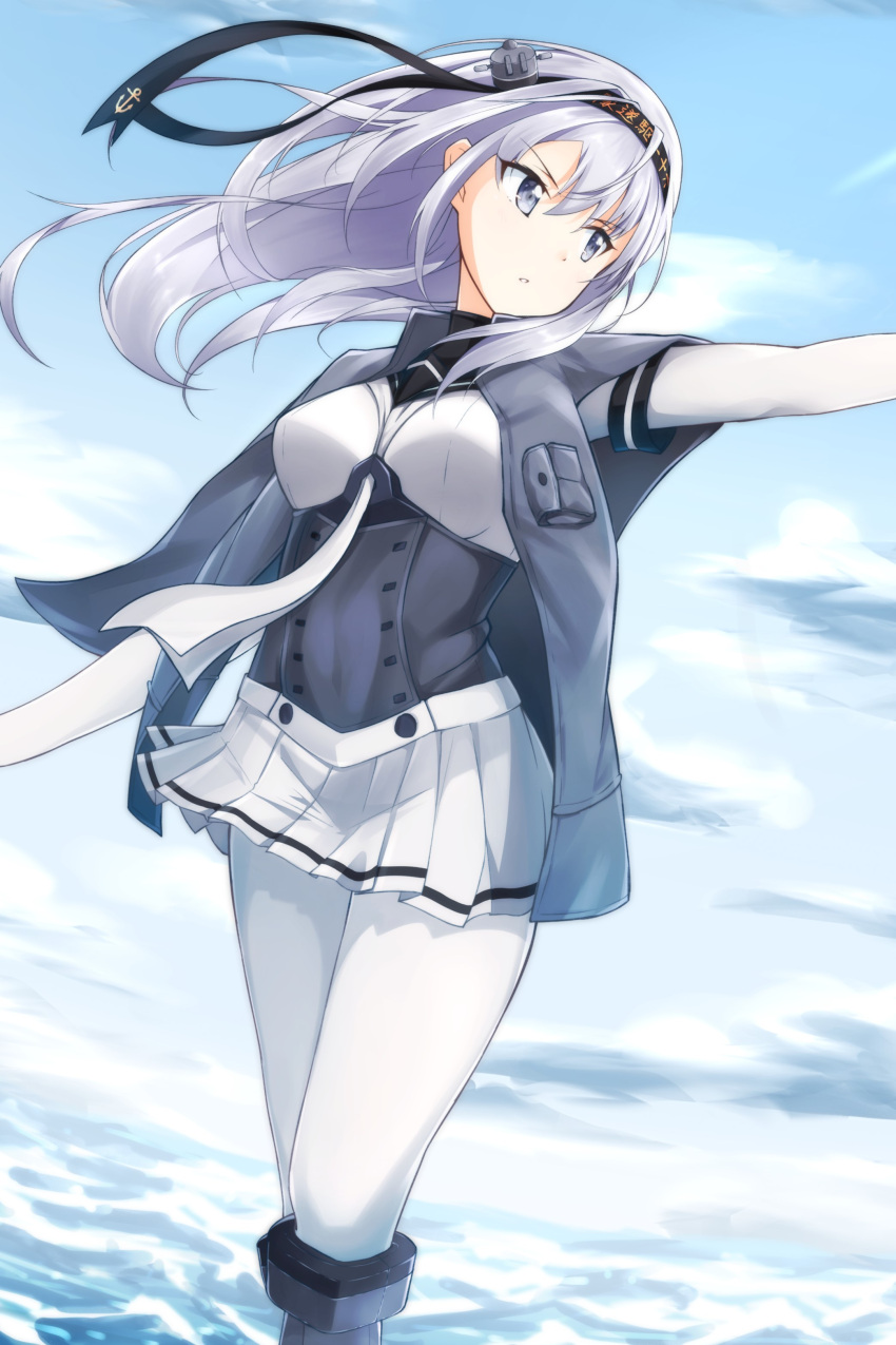 1girl absurdres blue_eyes blue_sky breasts day eyebrows_visible_through_hair floating_hair from_below hair_between_eyes headband highres kantai_collection long_hair medium_breasts miniskirt ocean outdoors outstretched_arm pantyhose parted_lips pleated_skirt silver_hair skirt sky solo standing suzutsuki_(kantai_collection) taka-chan white_legwear white_neckwear white_skirt
