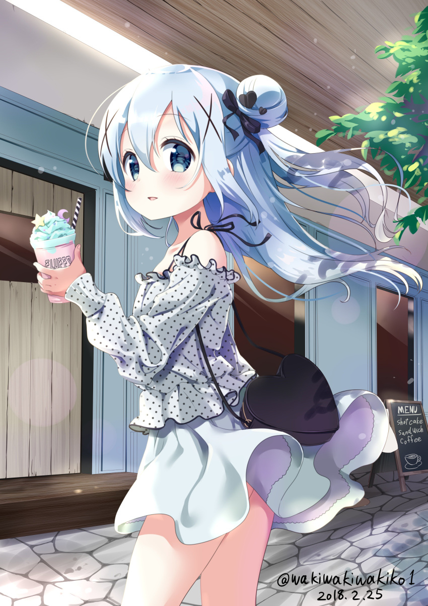 1girl absurdres bag bare_shoulders black_bow blouse blue_eyes blue_hair blush bow collarbone commentary_request crescent dated day drinking_straw english fingernails gochuumon_wa_usagi_desu_ka? hair_bow hair_bun hair_ornament heart heart-shaped_bag heart_hair_ornament highres holding kafuu_chino long_hair looking_at_viewer looking_to_the_side neki_(wakiko) outdoors parted_lips polka_dot polka_dot_blouse shaved_ice shoulder_bag side_bun sidelocks sign skirt solo twitter_username very_long_hair white_blouse white_skirt wind wind_lift window x_hair_ornament