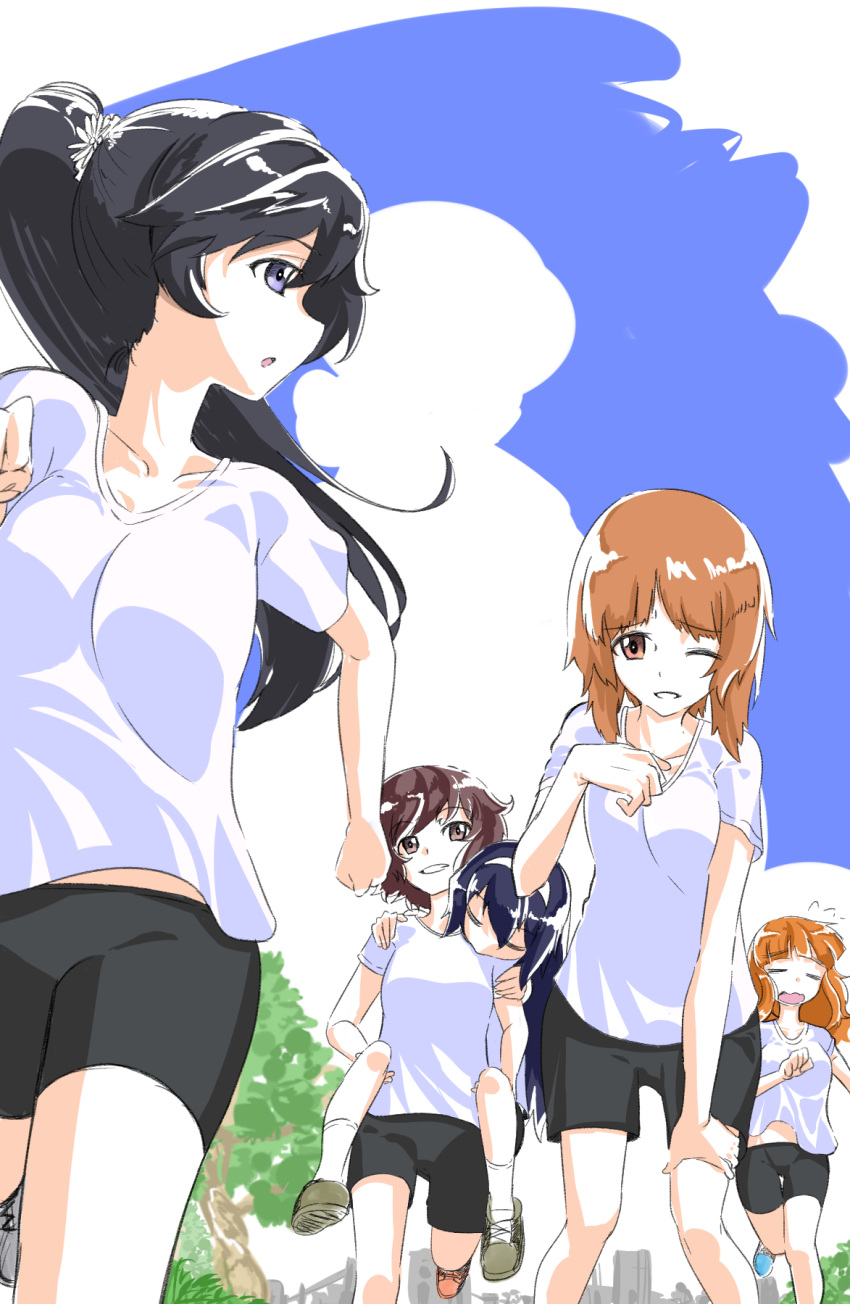 5girls akiyama_yukari alternate_hairstyle bangs bike_shorts black_eyes black_hair black_shorts blue_eyes blue_hair blunt_bangs brown_eyes brown_footwear brown_hair carrying closed_eyes clouds cloudy_sky cross-laced_footwear da-dang day eyebrows_visible_through_hair flying_sweatdrops girls_und_panzer grin hair_tie hairband hand_on_own_leg highres isuzu_hana leaning_forward long_hair looking_at_viewer looking_back multiple_girls nishizumi_miho open_mouth orange_hair outdoors parted_lips piggyback ponytail reizei_mako running shirt shoes short_hair shorts sky smile socks standing t-shirt takebe_saori thigh_gap tree wavy_mouth white_hairband white_legwear white_shirt