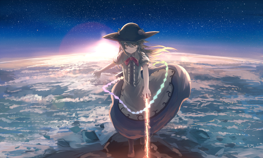 1girl apron blue_hair boots earth flaming_sword hat highres hinanawi_tenshi horizon long_hair long_skirt looking_at_viewer mifuru neck_ribbon red_eyes ribbon scenery skirt sky solo space star_(sky) starry_sky sunrise sword sword_of_hisou touhou weapon