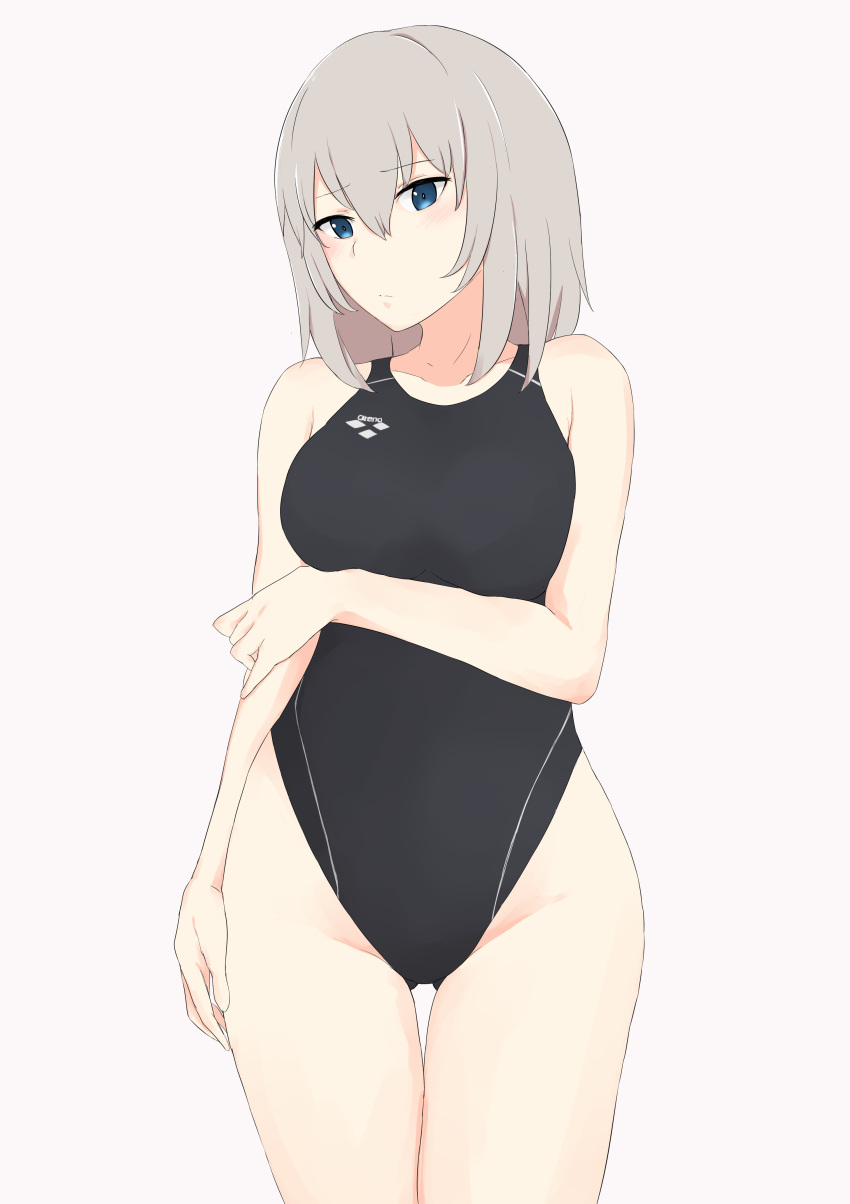 1girl aaria_(kiyoku3103) absurdres arm_grab bangs black_swimsuit blue_eyes blush breast_hold breasts closed_mouth competition_swimsuit cowboy_shot eyebrows_visible_through_hair girls_und_panzer highres itsumi_erika light_frown long_hair looking_at_viewer one-piece_swimsuit silver_hair simple_background solo standing swimsuit thigh_gap white_background