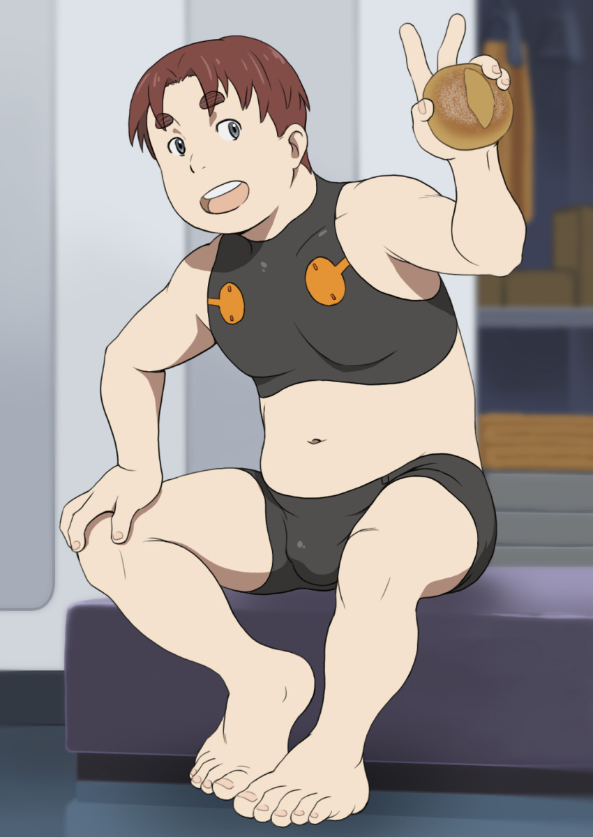 1boy barefoot bench black_shorts bread brown_hair darling_in_the_franxx food futoshi_(darling_in_the_franxx) hada_toshiya highres male_focus shorts sitting smile solo