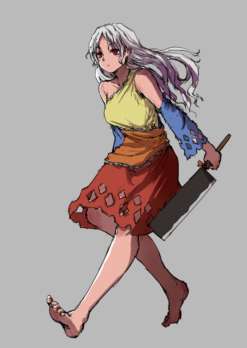 1girl :o arms_at_sides bare_legs bare_shoulders barefoot bow collarbone detached_sleeves dress eyebrows_visible_through_hair full_body grey_background hatchet highres holding kourou_(kouroukun) long_hair looking_afar medium_dress multicolored multicolored_clothes multicolored_dress parted_lips red_eyes sakata_nemuno silver_hair simple_background single_strap sketch solo touhou walking