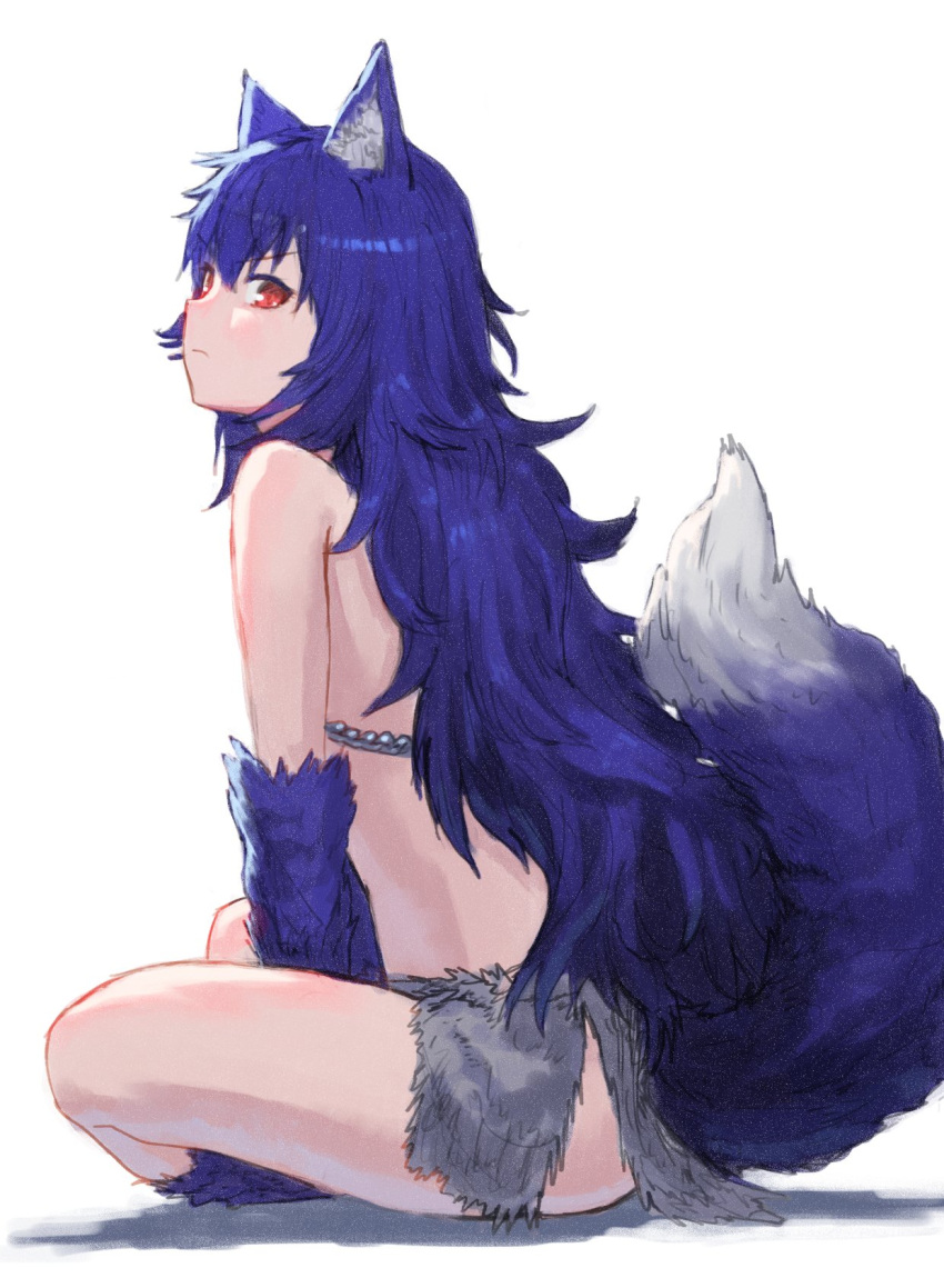 1girl animal_ears blue_hair closed_mouth commentary_request eyebrows_visible_through_hair fenrir_(shingeki_no_bahamut) from_side full_body highres indian_style loincloth long_hair looking_at_viewer pout red_eyes shingeki_no_bahamut simple_background sitting solo tail wasabi60 white_background wolf_ears wolf_tail