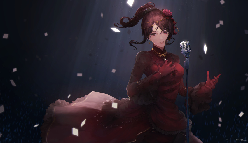 absurdres brown_hair commentary_request dress earrings flower gloves hair_flower hair_ornament highres idolmaster idolmaster_cinderella_girls idolmaster_cinderella_girls_starlight_stage jewelry kouzuki_kei microphone mifune_miyu necklace open_mouth ponytail