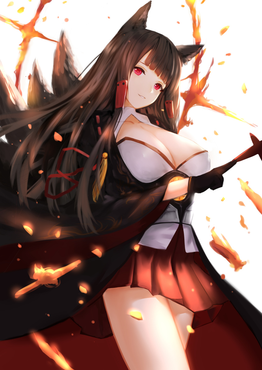 1girl absurdres akagi_(azur_lane) animal_ears azur_lane black_gloves breasts brown_hair cleavage collarbone cowboy_shot floating_hair fox_ears fox_tail gloves head_tilt higandgk highres huge_breasts long_hair looking_at_viewer miniskirt multiple_tails parted_lips pleated_skirt red_eyes red_skirt skirt solo standing tail very_long_hair white_background