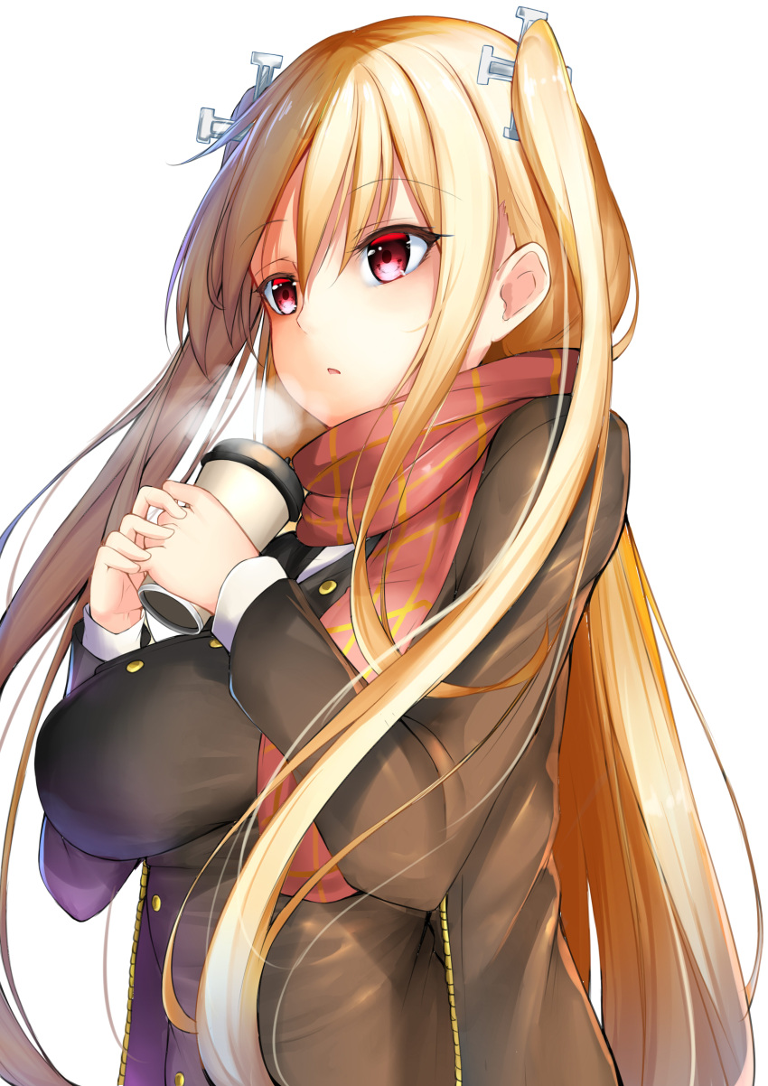 1girl absurdres bangs black_blazer blonde_hair breasts chixiao commentary_request cup eyebrows_visible_through_hair hair_between_eyes highres holding holding_cup large_breasts long_hair long_sleeves one_side_up original paper_cup parted_lips pink_scarf plaid plaid_scarf red_eyes scarf simple_background solo steam very_long_hair white_background