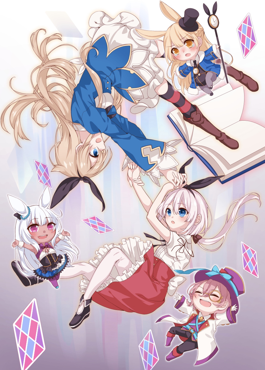 1boy 4girls absurdres alice_(grimms_notes) alice_(wonderland) alice_in_wonderland animal_ears belt black_legwear black_leotard blonde_hair blue_coat blue_eyes blue_skirt boots braid brown_eyes bunny_tail card character_request chibi closed_eyes coat dark_skin grimms_notes hand_holding hat highres knee_boots leotard long_hair monocle multiple_girls open_mouth outstretched_arms pantyhose playing_card pocket_watch ponytail rabbit_ears red_skirt renkon_(re_n_k_n) ribbon shirt shoes silver_hair skirt smile staff striped striped_legwear tail tears thigh-highs top_hat upside-down violet_eyes watch white_coat white_legwear white_shirt white_skirt wrist_cuffs